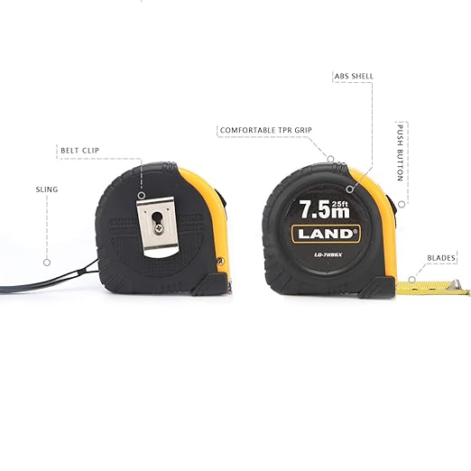 LAND 25Ft Retractable Measuring Tape - Heavy Duty Tape Measure, Inch/Metric Double Scale, Sturdy Matte Blade, Magnetic Hook for Measurement Alone, TPR Rubber Protective Case (25FT)