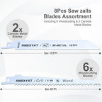 8PCS Reciprocating Saw Blades for Wood Pruning, Including Premium 6Pcs Woodcutting & 2Pcs Carbide Metal Blade with Storage Case (6in 6TPI + 6in18TPI) by RNSXYAT