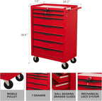 7-Drawer Rolling Tool Chest Cabinet, Large Capacity Metal Tool Box with Wheels and Keyed Locking, Roll Around Storage Organizer Tool Cart for Garage, Warehouse, Work Shop (Red)