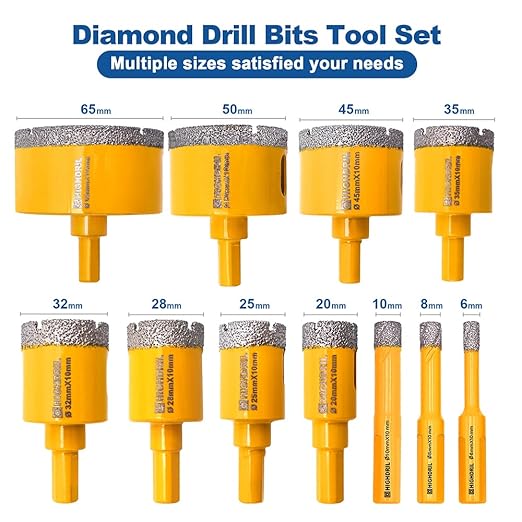 HIGHDRIL Multi Angle Measuring Ruler 5-Hole Drill Locator & Diamond Drill Bit Kit Triangle Shank for Porcelain Tile Ceramic Marble Brick Vacuum Brazed Hole Saw(6/8/10/20/25/28/32/35/45/50/65mm)
