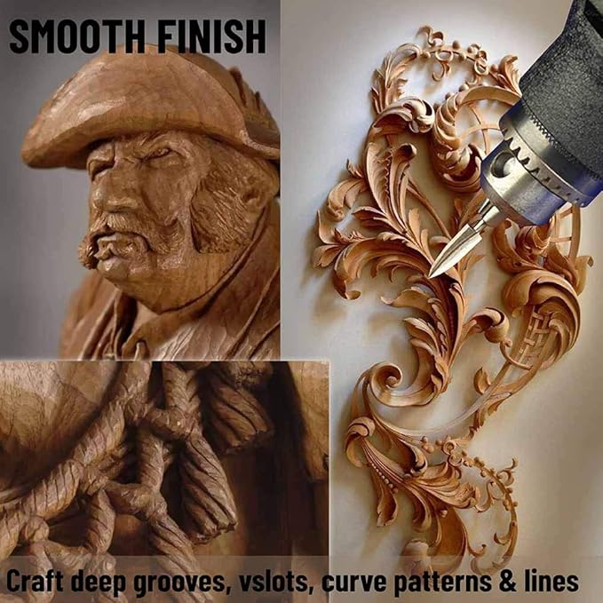 Wood Carving Tools, 5 PCS HSS Engraving Drill Bit Set Wood Crafts Grinding Woodworking Tool 1/8” Shank Universal Fitment for Rotary Tools