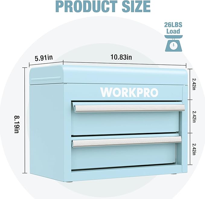 WORKPRO Mini Metal Tool Box with 2 Drawers and Top Storage, Small Tool Chest with PVC Liners and PP Feet Pads, Cold Rolled Steel Toolbox with Magnetic Tab