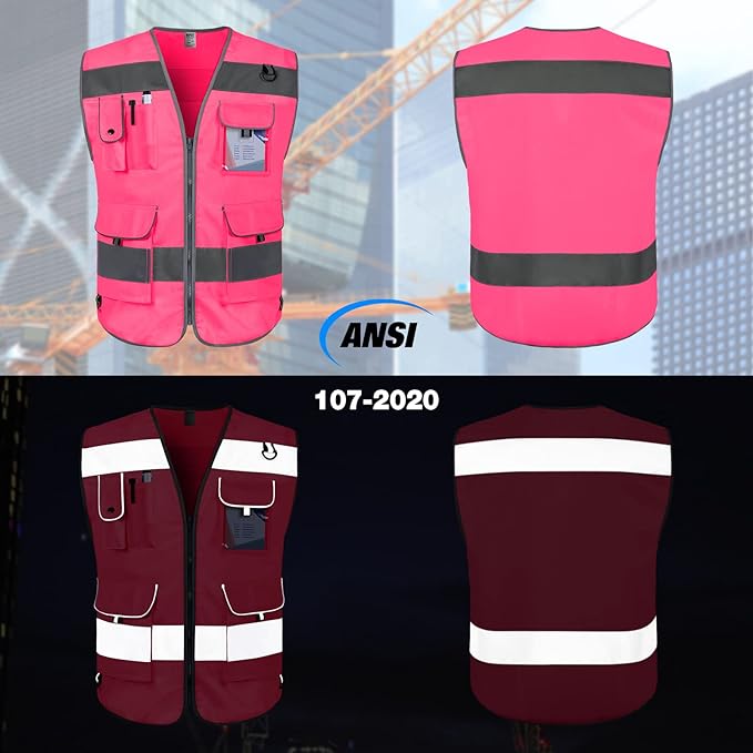 TCCFCCT High Visibility Vest 9 Pockets Hi Vis Reflective Safety Vest for Men Women, Construction Vest with Reinforced Sewing, Durable to Use, Meets ANSI/ISEA Standards, (Pink, 4X-Large)