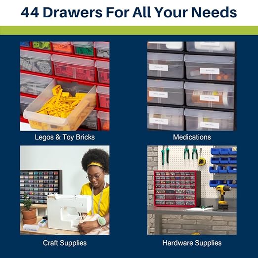 Akro-Mils 44-Drawer Plastic Drawer Storage Cabinet for Garage Organization, Bead Organizer, Building Bricks Storage, Teacher Toolbox, Makeup Organizer, 20-Inch W x 6-Inch D x 16-Inch H, 10144 Red
