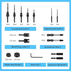 Countersink Drill Bit Set for Wood, 16 PCS High Speed Steel Woodworking Tapered Drill Bits Counter Sink Drill Bit with 2PCS 1/4" Hex Shank Wood Plug Cutter Quick Change with Storage Box