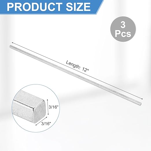 uxcell 3 Pcs Square Steel Key Stock, 3/16" x 3/16" x 12" Cold-Drawn 45# Steel Bars Precision Key Stock for Gearbox Coupling, Silver Tone