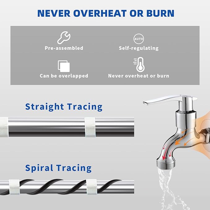 100FT Heat Cable for Water Pipes, Prevent Freezing & Easy Installation, Water Pipe Heat Cable with Thermostat Self-Regulating, Pipe Heating Trace System 120 V