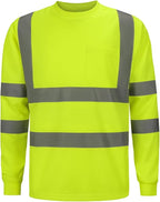 High Visibility Class 3 T Shirts，Hi Vis Safety Shirts with Reflective Strips and Pocket, Long Sleeve Quick Dry Mesh Construction Work Shirt for Men/Women Lime,Medium