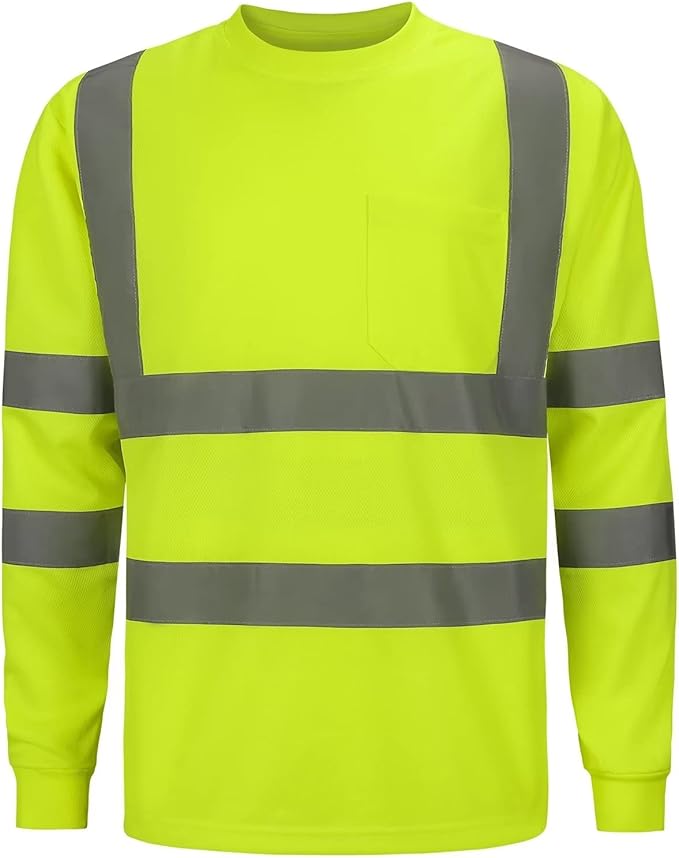 High Visibility Class 3 T Shits, Hi vis Safety Shirts with Reflective Strips and Pocket, Long Sleeve Quick Dry Mesh Construction Work Shirt for Men/Women Lime.XL