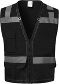 Reflective Safety Vest with Back Pouch, Hi Vis Class 2 Heavy Duty Surveyor Vest with Zipper, ANSI/ISEA Standard, Men's & Women's (Black, 5XL)