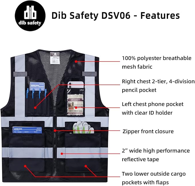 Dib Safety Reflective Mesh Vest High Visibility with Pockets and Zipper, Black Mesh S