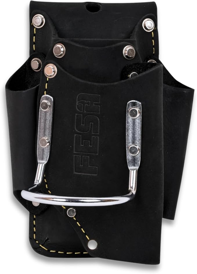 FESA Small Leather Tool Pouch - 5-in-1 Heavy Top Grain Leather Small Tool Pouch with a Steel Hammer Loop, 4 Pockets & Reinforced Heavy Duty Rivets - Fits Belts up to 3" - Handcrafted