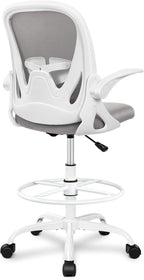 Primy Ergonomic Drafting Chair with Flip-up Armrests Tall Office Chair for Standing Desk Comfortable Desk Chair with Adjustable Footrest Ring and Lumbar Support in Gray Perfect for Home and Office Use