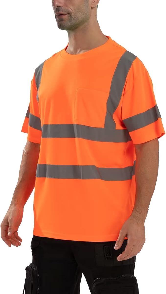 High Visibility Class 3 T Shirts，Hi Vis Safety Shirts with Reflective Strips and Pocket, Short Sleeve Quick Dry Mesh Construction Work Shirt for Men/Women Orange,Large