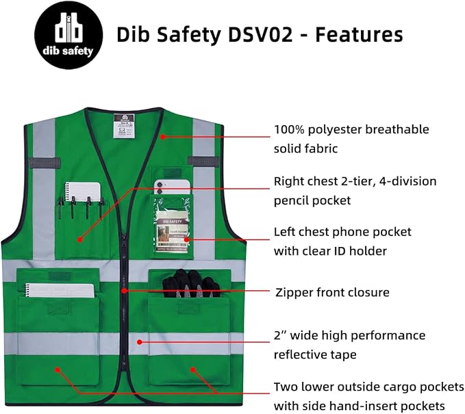 Dib Safety Reflective Vest High Visibility with Pockets and Zipper, Green S