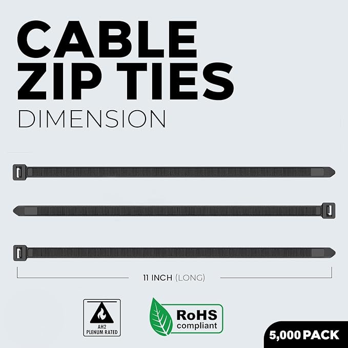 BEST CONNECTIONS Black Cable Zip Ties 11 Inch Multi-Purpose Self-Locking Nylon Wire Ties with 50 Lbs Tensile Strength Cable Management Ties for Outdoor & Indoor - 5,000 Pack