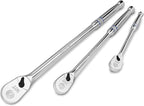 DURATECH 3-Piece Extra Long Drive Ratchet Handle, 1/4", 3/8", 1/2" 90-Tooth Ratchet Wrench with Dust Proof Teardrop Enclosed Head, Reversible, CR-V Steel Made, CR-MO Head, Full Polished, Gifts for Men