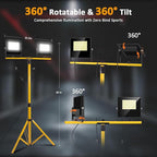 24000 Lumen LED Work Lights with Stand, Floodlight Work Light 2 Adjustable Head Work Light with 16FT IP67 aterproof Tripod Works Light Stand with Individual Switch for Construction Lighting