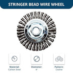 Benchmark Abrasives 4" x 3/16" Stringer Bead Wire Wheel with 5/8"-11 Thread, for Weld Cleaning, Weld Spatter Removal, Stripping, Deburring, Use with Angle Grinders - (4" x 3/16", Carbon)