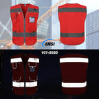TCCFCCT Red Safety Vest for Men Women 9 Pockets High Visibility Reflective Vest for Safety, Work Vest with Reflective Strips, Meets ANSI/ISEA Standards, Large