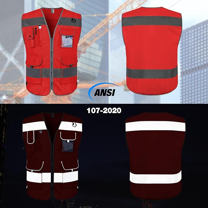 TCCFCCT Safety Vest 9 Pockets High Visibility Reflective Safety Vest for Men Women, Hi Vis Work Vest with Reinforced Sewing, Durable to Use, Meets ANSI/ISEA Standards, (Red, 3X-Large)