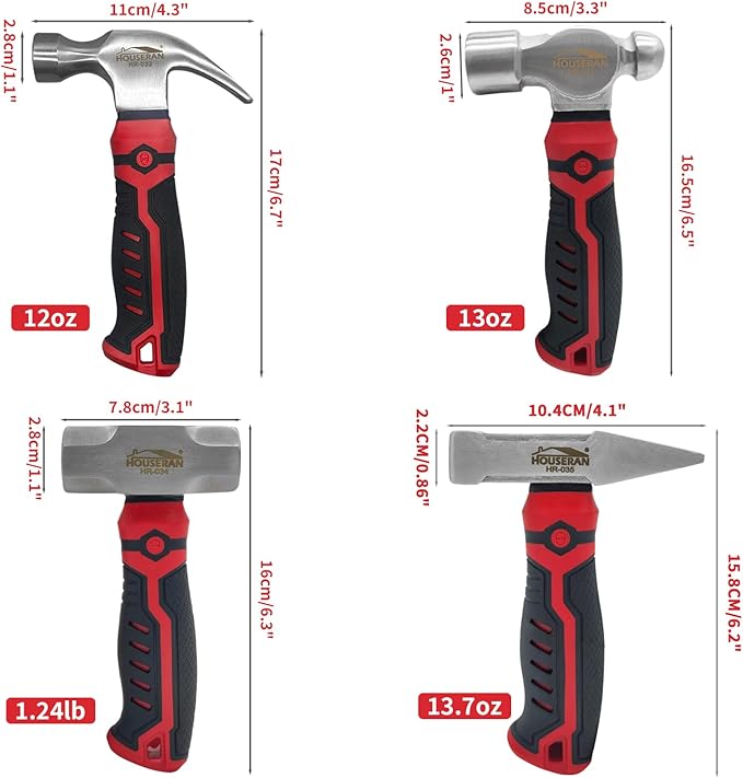 4-Piece Hammer Set - 13oz Ball Peen, 12oz Claw, 1.24lb Mini Sledge, 13.7oz Blacksmith Hammer