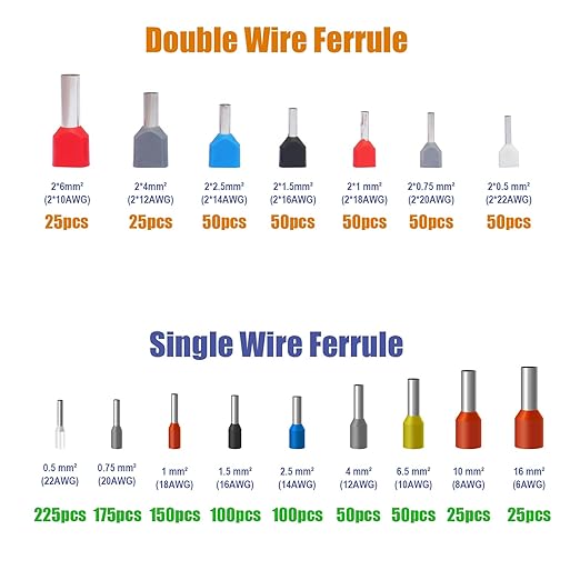 1200pcs Single and Dual Ferrules Terminal Set, AWG 6~22 Single-Line Barrel Ferrules and AWG10~22 Double Wire Ferrule Kit are Widely Applied in Electric, Electronic Industry, Equipment, Industrial,etc