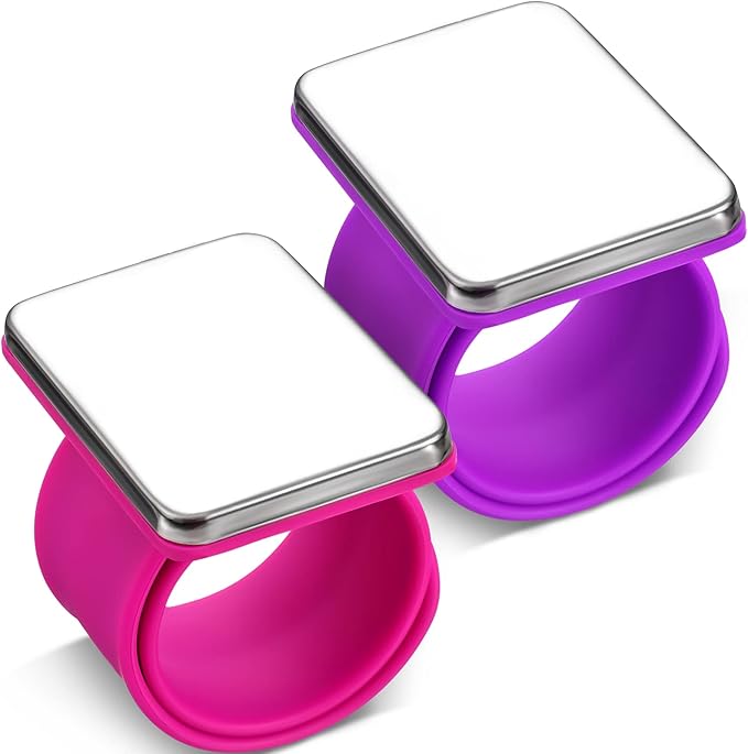 WILLBOND Magnetic Sewing Pincushion Wristband, 2 Pieces, with Flannelette Bag, Silicone Bracelet, Rose Red, Purple