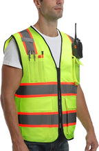 9 Pockets High visibility Class 2 Safety Vest，Hi Vis Vest with 2 inch wide Reflective Strips security vest with Zipper construction work vest for men &women Lime，Large