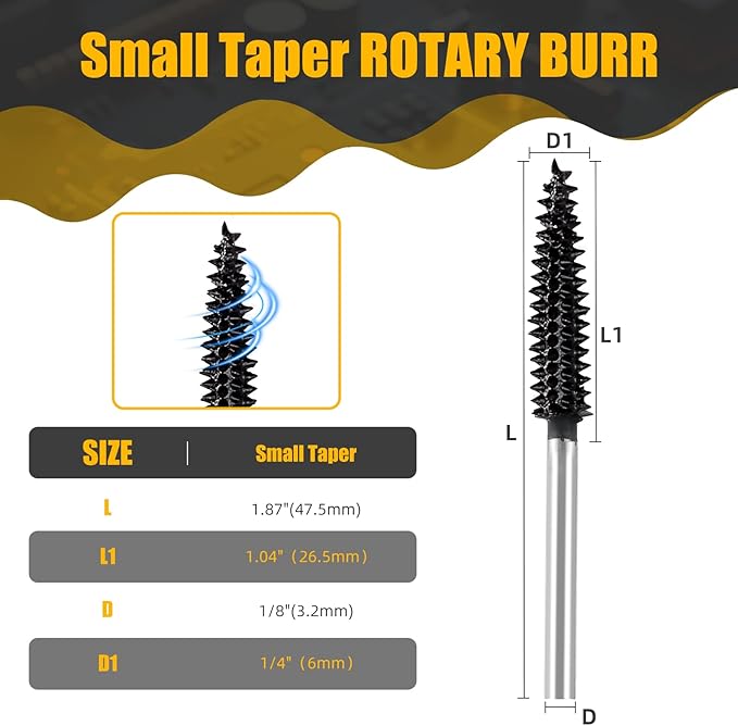 CAELUM 1 Pcs Small Taper Rotary Burr Kit, 1/8" Shaft, Very Coarse - Woodworking Attachment for Dremel, Foredom, DeWalt, Milwaukee Tools, Carving Burrs for Carving Engraving in Wood, Rubber, Plastic