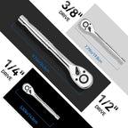 DISEN 3-Piece Standard Ratchet Set – 1/4", 3/8", 1/2" Drive with EVA Storage Tray | 100-Tooth Ratchet, Non-Slip Grip, Quick Release Button | Reversible Design with 3.6° Swing for Tight Spaces