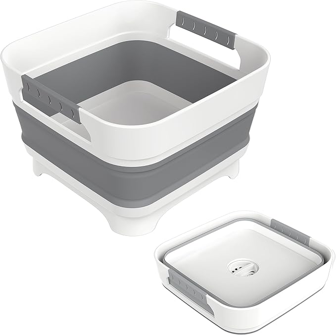 2.4 Gal Collapsbile Wash Basin with Drian Plug,9L Dish Pan for Soaking Baby Bottles,Portable Sink, Multiuse Foldable Bucket,Ice Beverage Tubs for Camping, Vegetable Washing, RV (Gray)