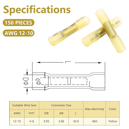 150 Pcs Heat Shrink Butt Connectors, AWG12-10 Waterproof Insulated Electrical Wire Connectors, Crimp & Shrink Butt Splice Connectors Terminal for Automotive Marine Truck Trailer Stereo (Yellow)