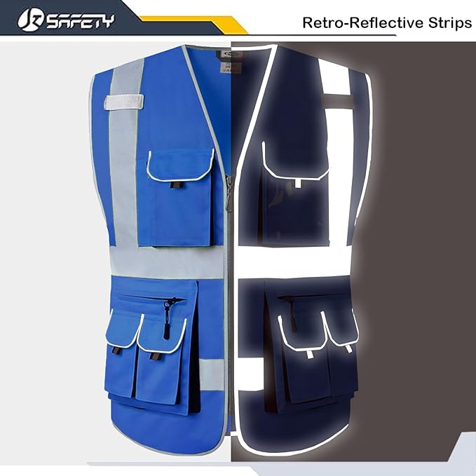 JKSafety 10 Pockets High Visibility Zipper Front Blue Safety Vest with High Reflective Strips Meets ANSI/ISEA Standards (Medium, 88-Blue)