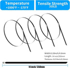 XINGO 14 inch Metal Zip Ties (100 Pack), 304 Stainless Steel Heavy Duty Zip Ties, 300lbs Tensile Strength, Multi-Purpose Self-locking Cable Ties for Exhaust Wrap, Outdoor and Canopy Etc