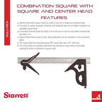Starrett Steel Combination Square with Square Head and Center Head - 12" Blade Length, Hardened Steel, Reversible Lock Bolt, Scriber, Spirit Level, 4R Graduation Type -11HC-12-4R