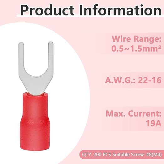 200 Pcs Insulated Fork Spade U-Type Wire Connectors, 22-16 AWG M4 Electrical Crimp Terminal, Stud Size #8 Size Red Butt Connectors