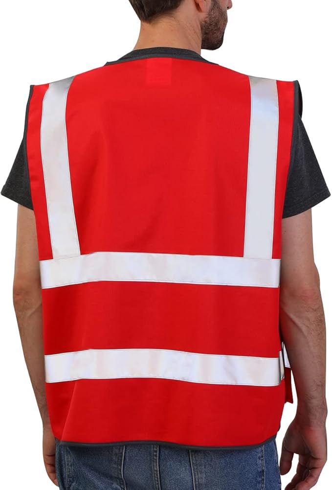 Dib Safety Reflective Vest High Visibility with Pockets and Zipper, Red M