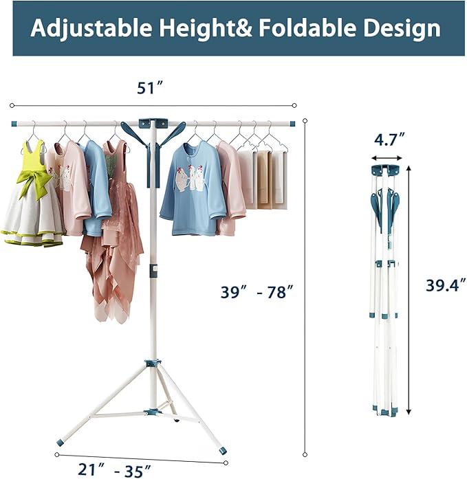 JAUREE Tripod Clothes Drying Rack Folding Indoor, Portable Drying Rack Clothing and Height-Adjustable, Space Saving Laundry Drying Rack with 20 Clips