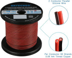 BNTECHGO 22 Gauge Flexible 2 Conductor Parallel Silicone Wire Spool Red Black High Resistant 200 deg C 600V for Single Color LED Strip Extension Cable Cord,Model,250ft Stranded Tinned Copper Wire
