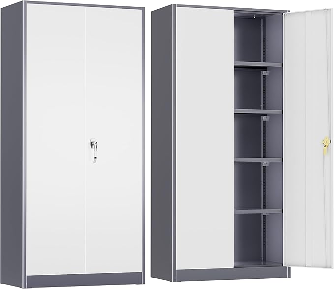 SUNCROWN 72" Metal Storage Cabinet - Heavy-Duty Metal Garage Cabinet with 4 Adjustable Shelves & 2 Doors for Tools, Office, Home, Workshop,Grey & White-Small