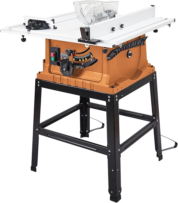 10 Inch Table Saw with Stand, 15 Amp 5000RPM Portable Table Saw, 90°Cross Cut & 0-45°Bevel Cut, Adjustable Depth, Multifunctional Saw for Woodworking, Metal, Plastic, Orange