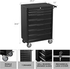 7-Drawer Rolling Tool Chest Cabinet, Large Capacity Metal Tool Box with Wheels and Keyed Locking, Roll Around Storage Organizer Tool Cart for Garage, Warehouse, Work Shop (Black)