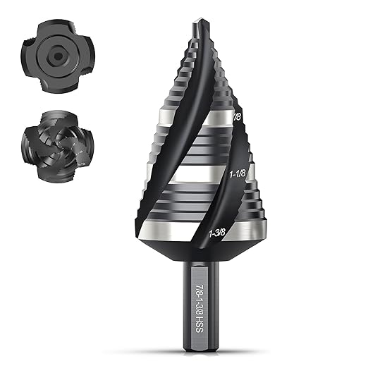 THINKWORK Four Spiral Flute Step Drill Bit, HSS Step Drill Bit3/16-1-3/8 (3 Popular Sizes) Unibit Step Drill Bit, 1/4" Shank Step Bits for Aluminum, Wood, Plastic, Metal