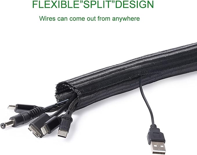 3/4" 25ft Expandable Braided Cable Sleeve Split Wire Loom Tubing – Pet-Proof Cord Protector for USB, Power Cords, Audio/Video Cables – Durable Wire Management Sleeving Black