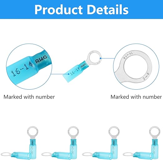 160 PCS 5/16'' Heat Shrink Ring Terminals (16-14 AWG), Insulated Ring Terminals, Nylon Eyelet Wire Connectors, Crimp Electrical Connectors, Marine Grade Ring Terminals for Auto, Audio (Blue)