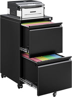 2 Drawer File Cabinet On Wheels Mobile File Cabinet with Lock Under Desk Metal Filing Small Rolling Black Printer Stand for Home Office Assembly Required
