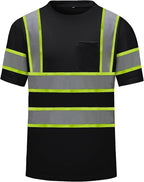High Visibility Shirts Quick Dry Safety T Shirts with Reflective Strips and Pocket Short Sleeve Mesh Hi Vis Construction Work Class 2 Shirt for Men/Women Black,Medium
