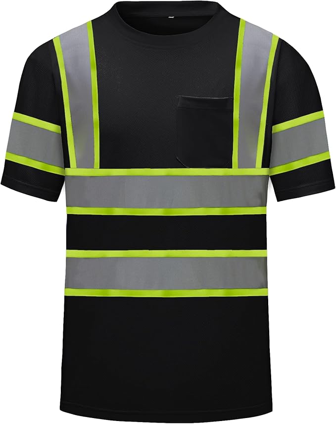 High Visibility Shirts Quick Dry Safety T Shirts with Reflective Strips and Pocket Short Sleeve Mesh Hi Vis Construction Work Class 2 Shirt for Men/Women Black,Large