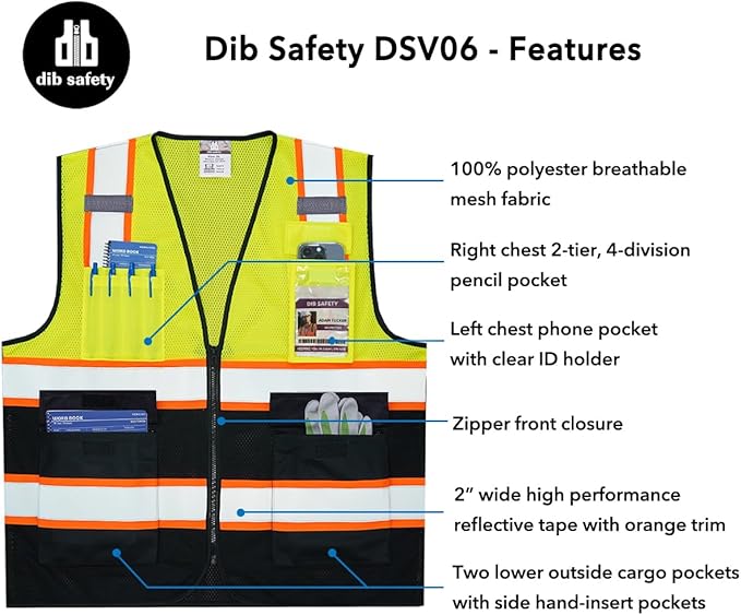 Dib Safety Reflective Mesh Vest High Visibility Two Tone with Pockets and Zipper, Yellow and Black Mesh with Orange Trim 4XL